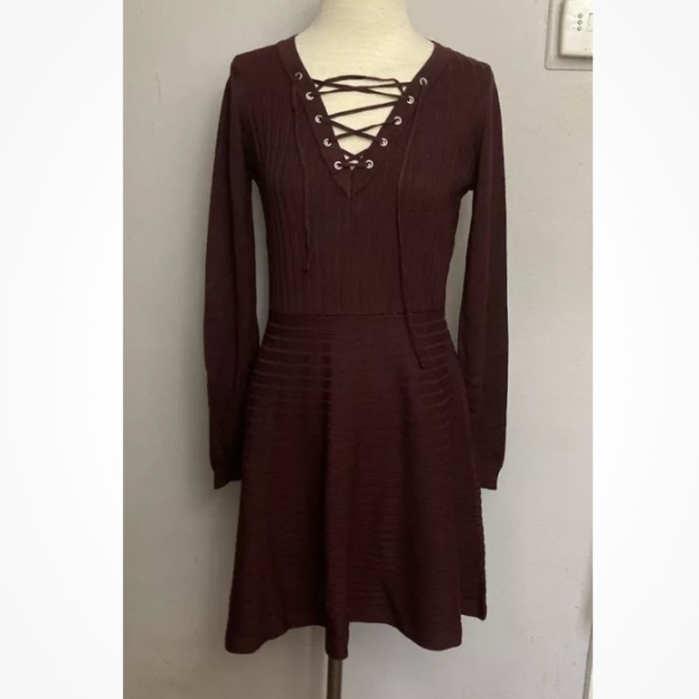 8-27 Nina Leonard Purple sweater dress Large ribbed lace up NWT